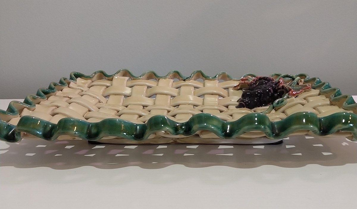Vintage Ceramic Grape Platter: Basket Weave Tray with Green Ruffle Edge, view 2