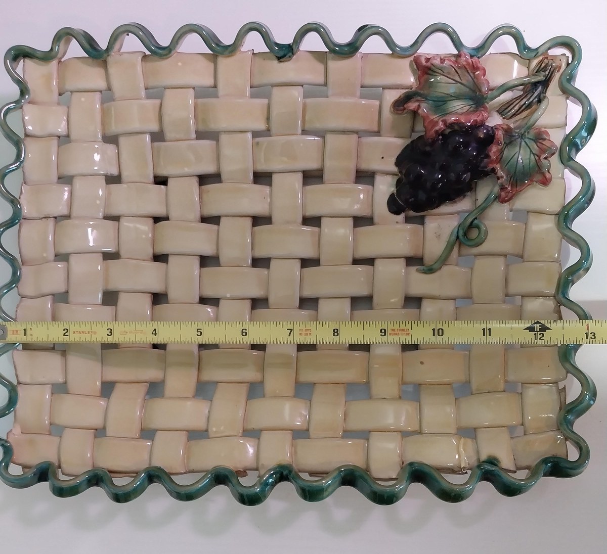 Vintage Ceramic Grape Platter: Basket Weave Tray with Green Ruffle Edge, view 4