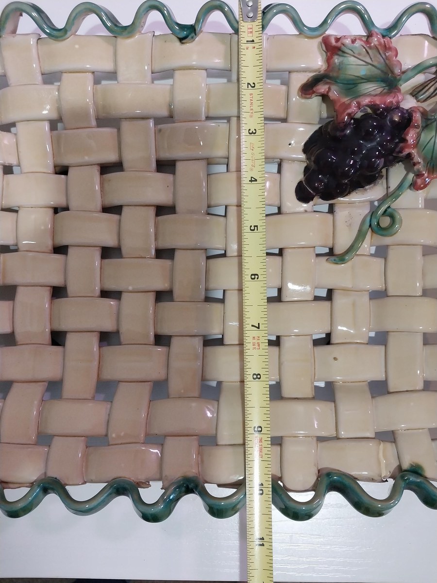 Vintage Ceramic Grape Platter: Basket Weave Tray with Green Ruffle Edge, view 5