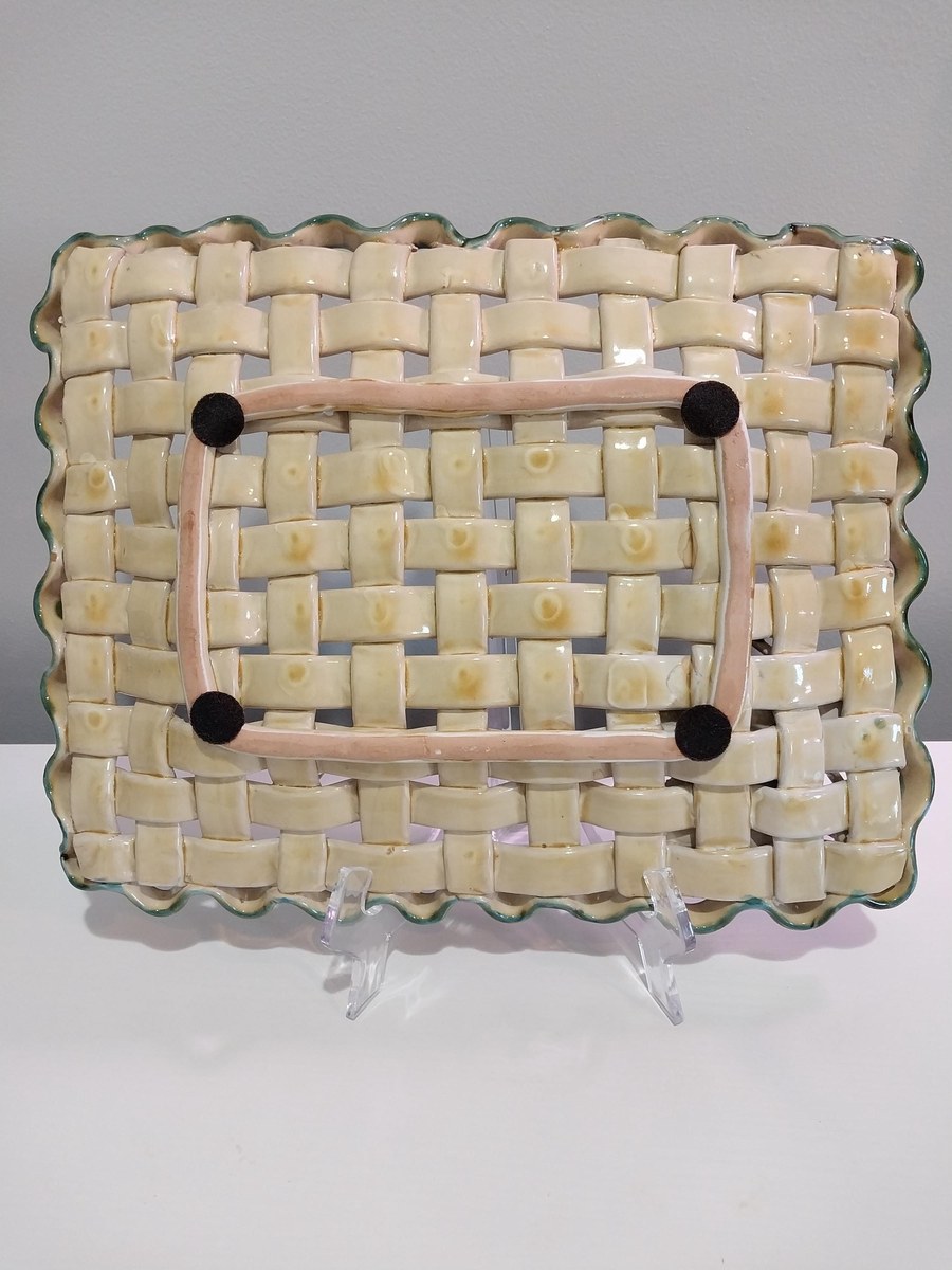Vintage Ceramic Grape Platter: Basket Weave Tray with Green Ruffle Edge, view 6