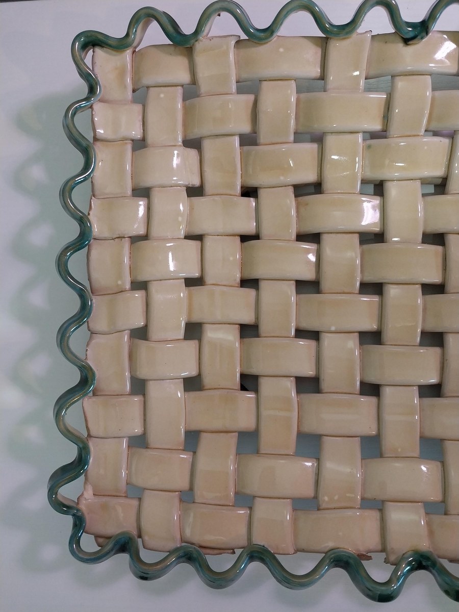 Vintage Ceramic Grape Platter: Basket Weave Tray with Green Ruffle Edge, view 7