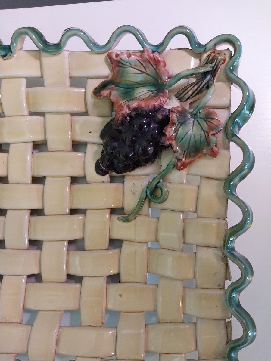 Vintage Ceramic Grape Platter: Basket Weave Tray with Green Ruffle Edge, view 8