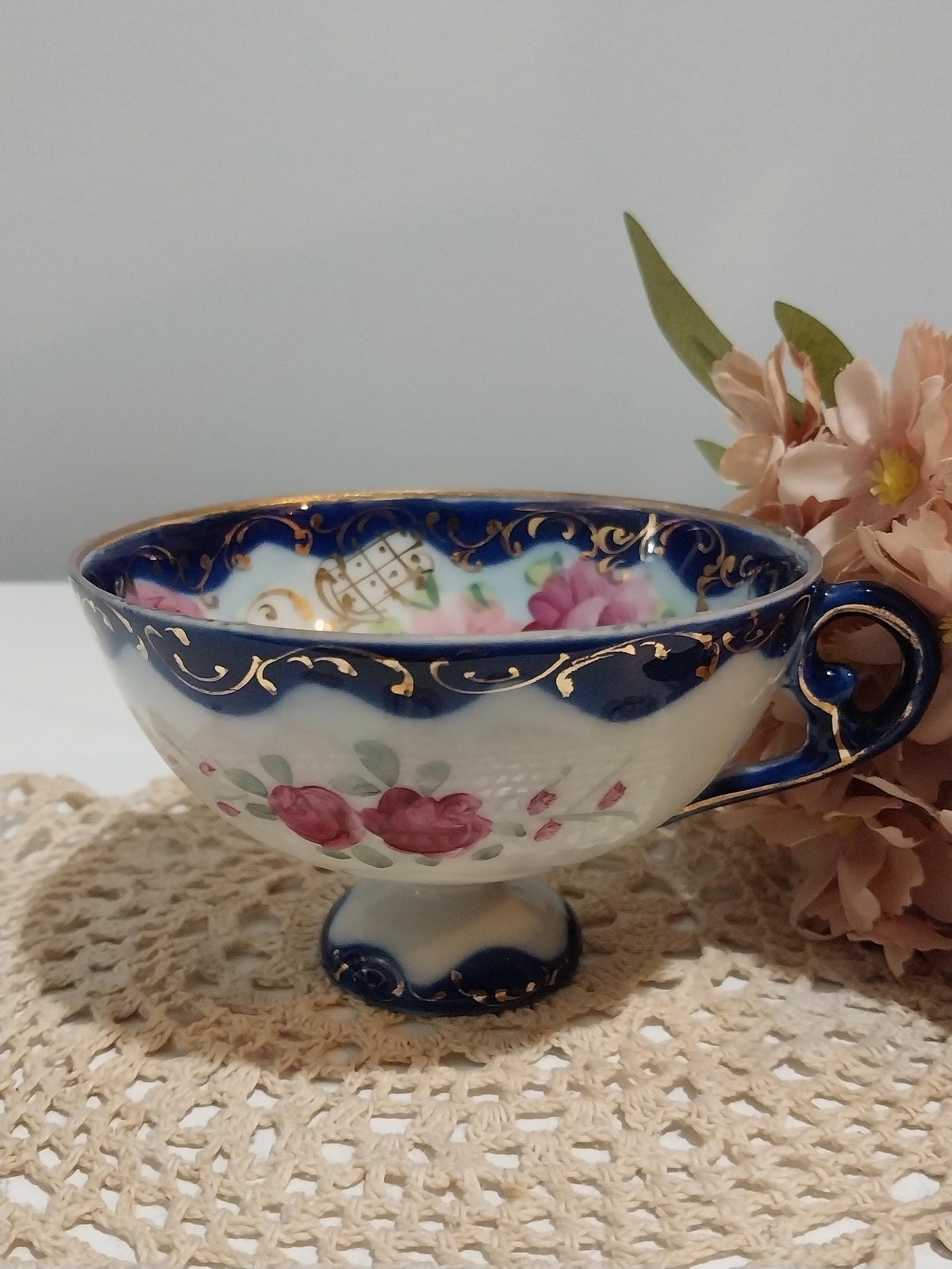 Antique Bone China Demitasse Cup: Cobalt Flow Blue, Gold Trim, Hand-Painted Floral