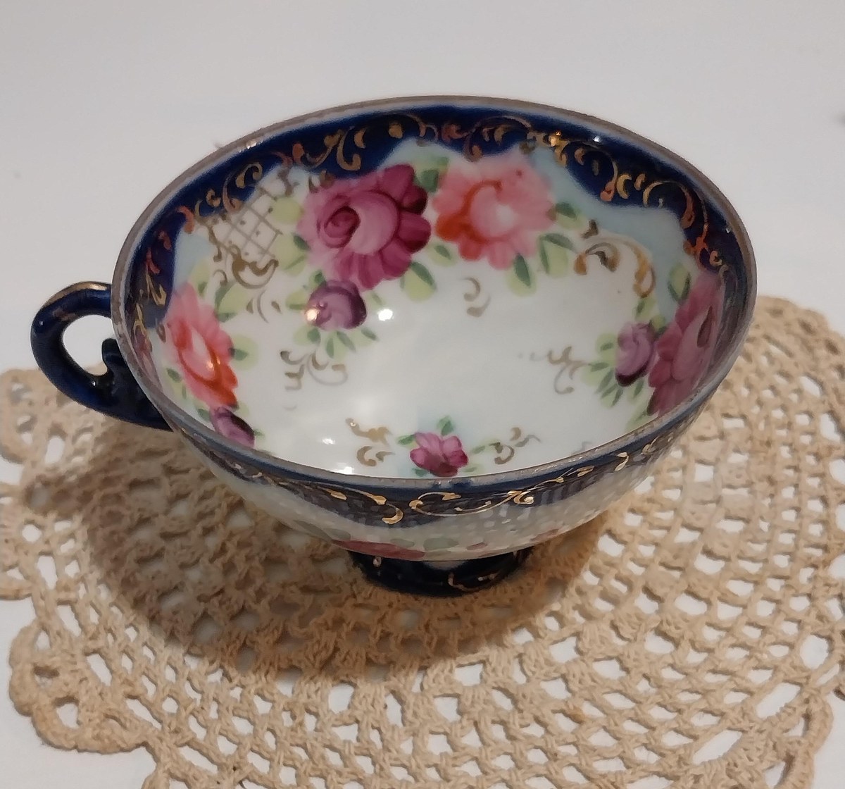 Antique Bone China Demitasse Cup: Cobalt Flow Blue, Gold Trim, Hand-Painted Floral, view 10