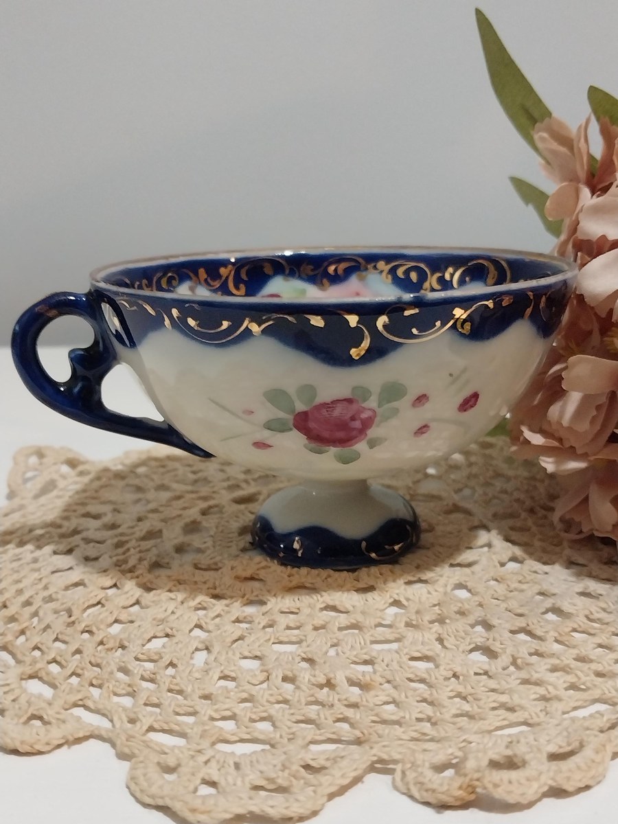 Antique Bone China Demitasse Cup: Cobalt Flow Blue, Gold Trim, Hand-Painted Floral, view 2
