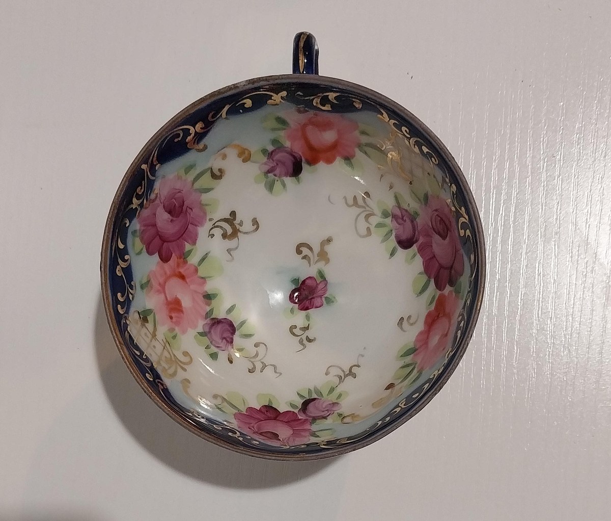 Antique Bone China Demitasse Cup: Cobalt Flow Blue, Gold Trim, Hand-Painted Floral, view 3