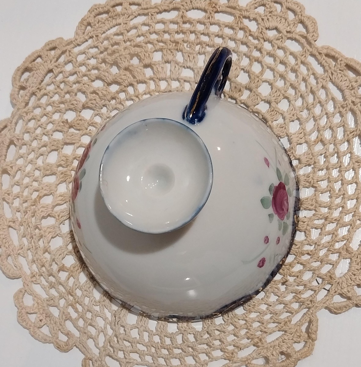 Antique Bone China Demitasse Cup: Cobalt Flow Blue, Gold Trim, Hand-Painted Floral, view 4