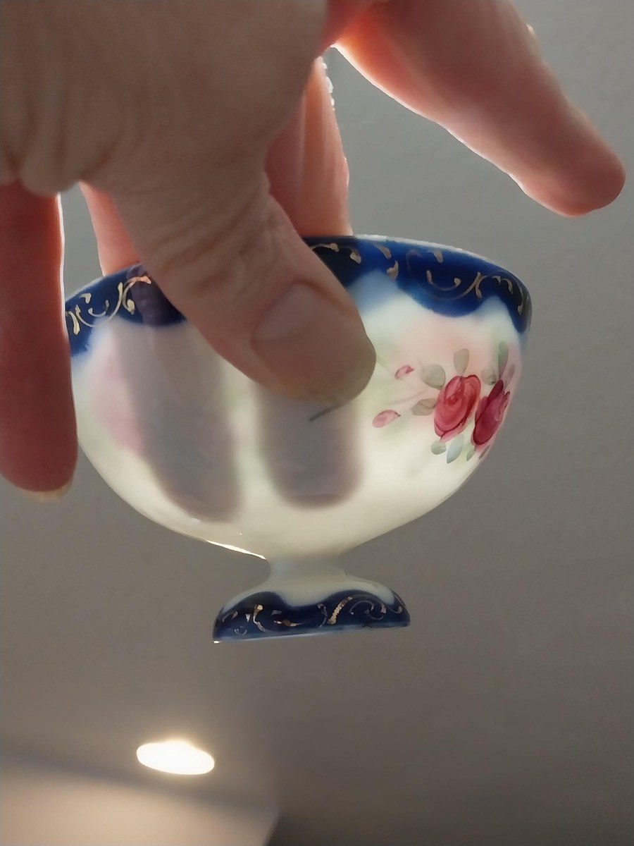 Antique Bone China Demitasse Cup: Cobalt Flow Blue, Gold Trim, Hand-Painted Floral, view 5