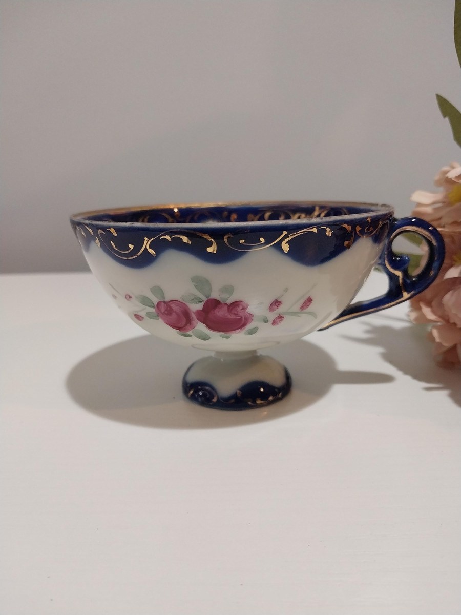 Antique Bone China Demitasse Cup: Cobalt Flow Blue, Gold Trim, Hand-Painted Floral, view 6