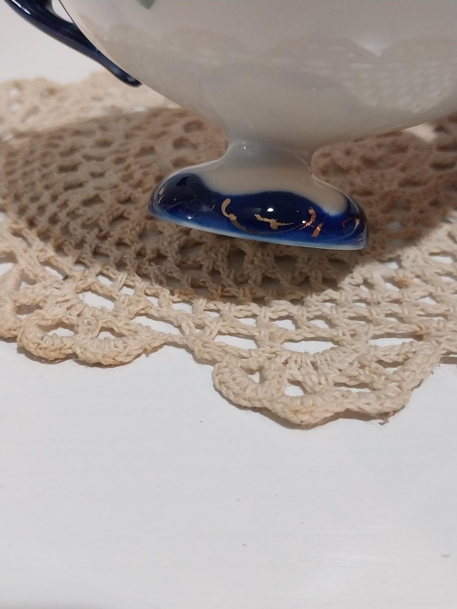 Antique Bone China Demitasse Cup: Cobalt Flow Blue, Gold Trim, Hand-Painted Floral, view 7