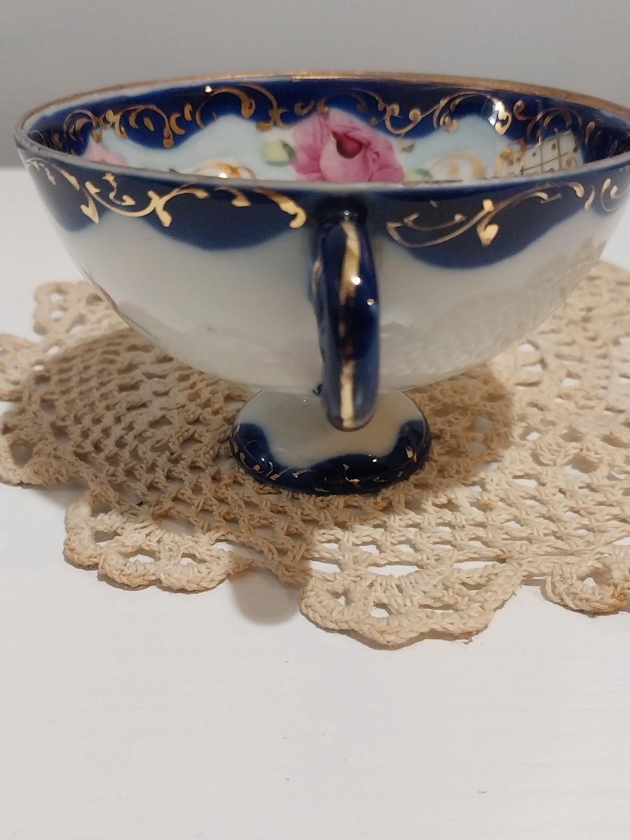 Antique Bone China Demitasse Cup: Cobalt Flow Blue, Gold Trim, Hand-Painted Floral, view 8