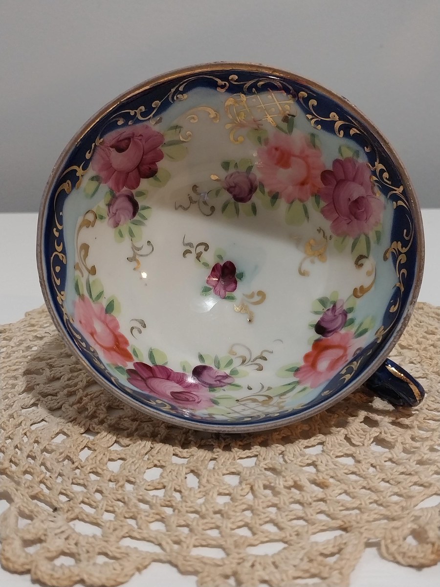 Antique Bone China Demitasse Cup: Cobalt Flow Blue, Gold Trim, Hand-Painted Floral, view 9