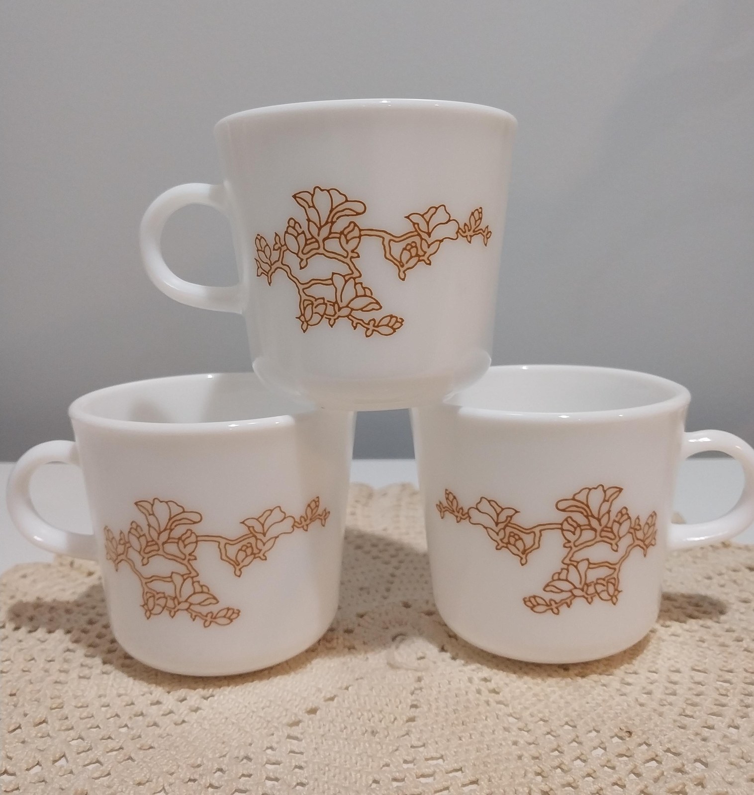 Vintage Corning Milk Glass Mugs: Oriental Wood Cherry Blossom Set