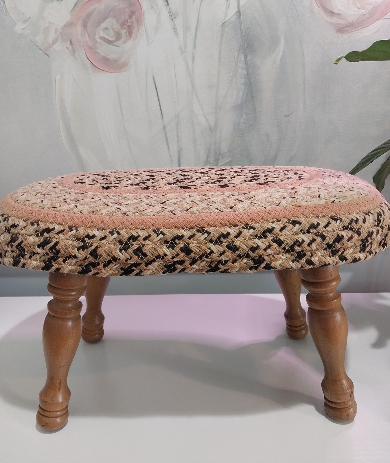 Vintage Braided Rug Footstool, 1940s Primitive Ottoman, Cottagecore Foot Rest, Handmade Farmhouse Wooden Stool, Rustic Americana Decor