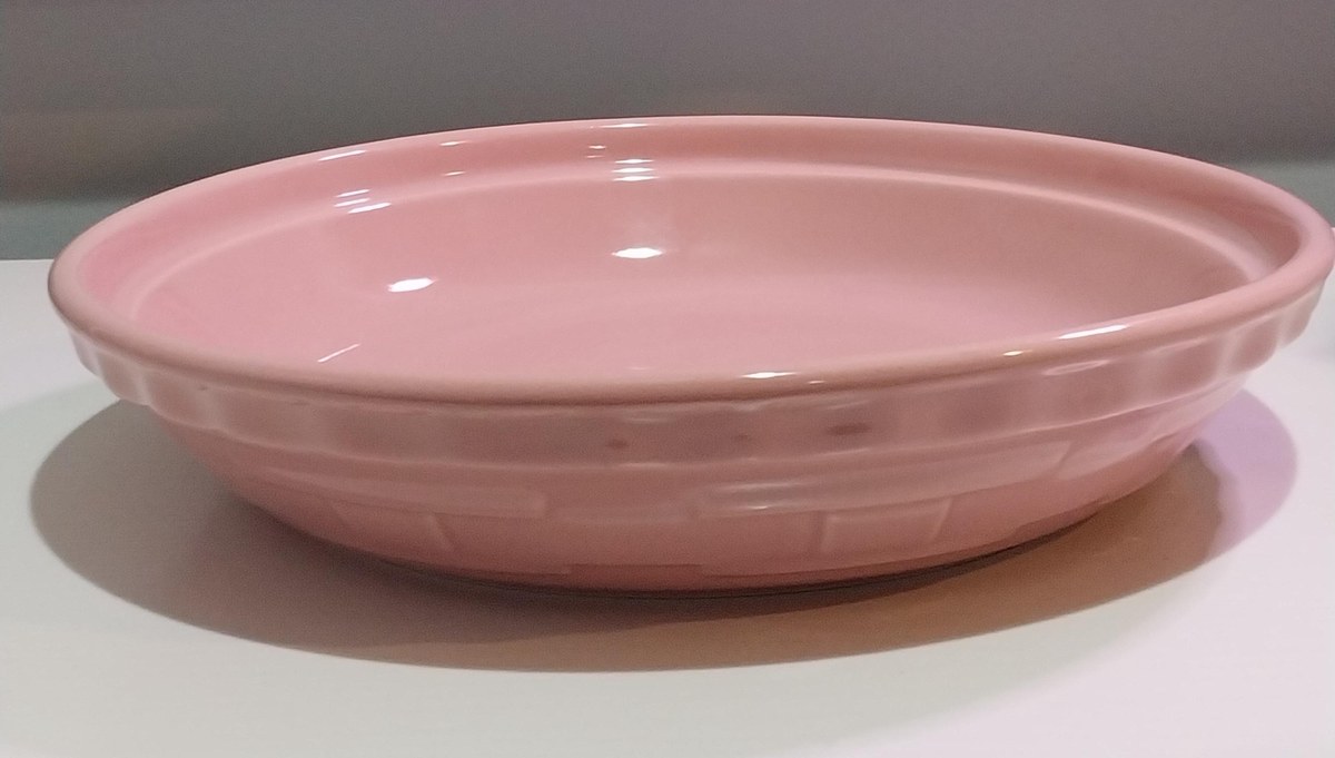 Longaberger Pink Pie Plate: 10" Woven Traditions Ceramic Bakeware Breast cancer awareness, view 3