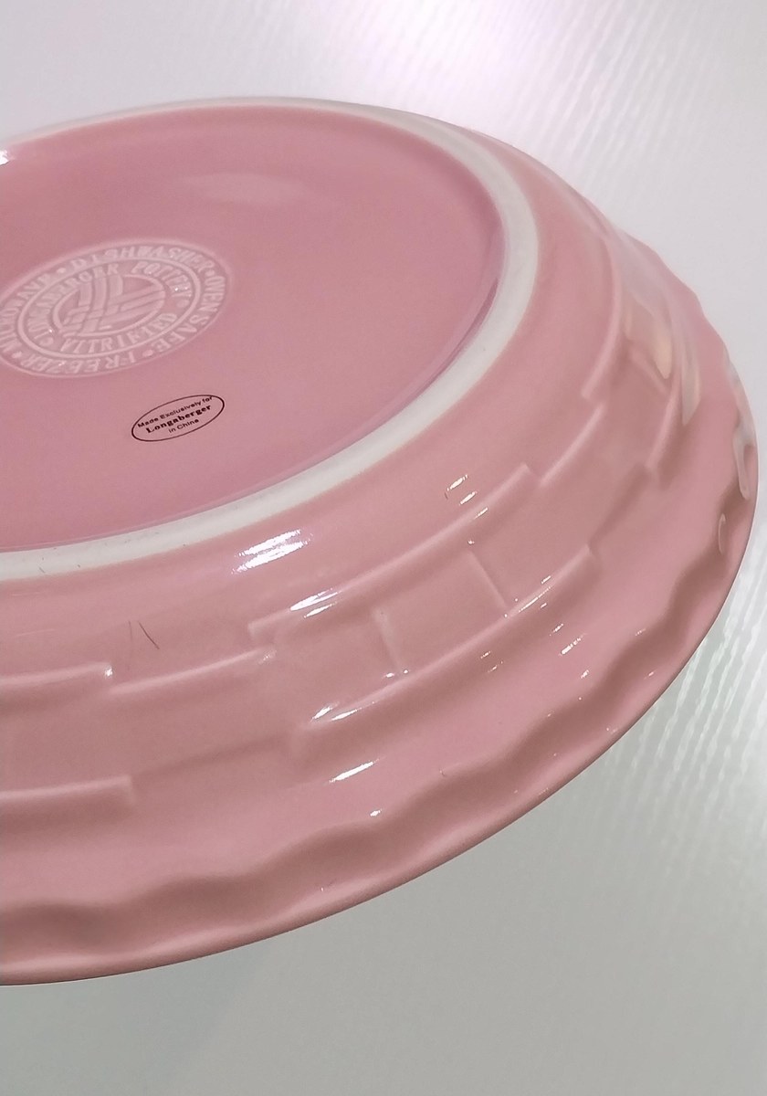 Longaberger Pink Pie Plate: 10" Woven Traditions Ceramic Bakeware Breast cancer awareness, view 4