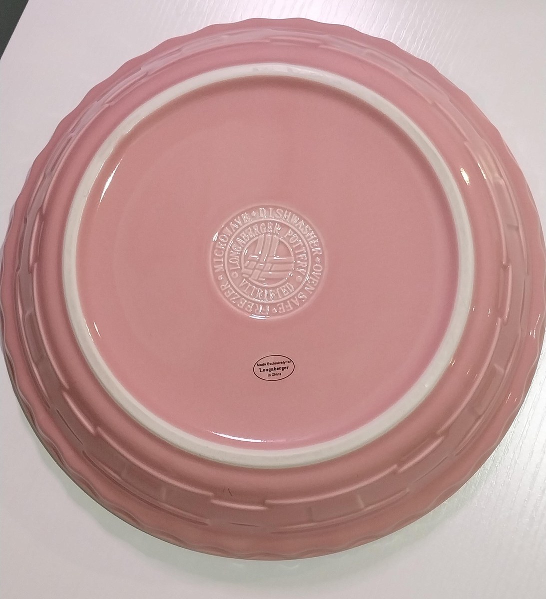 Longaberger Pink Pie Plate: 10" Woven Traditions Ceramic Bakeware Breast cancer awareness, view 5