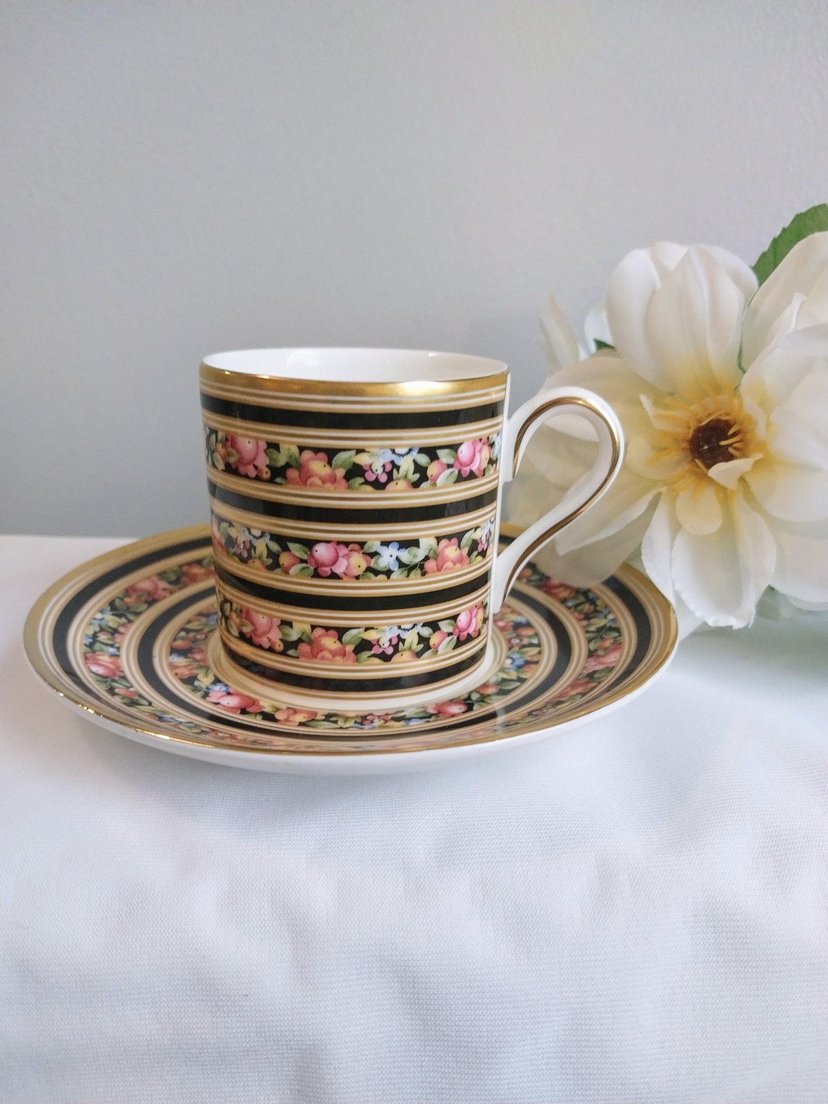 Vintage Wedgwood Clio Demitasse Cup & Saucer: Floral Porcelain, Gold Rim