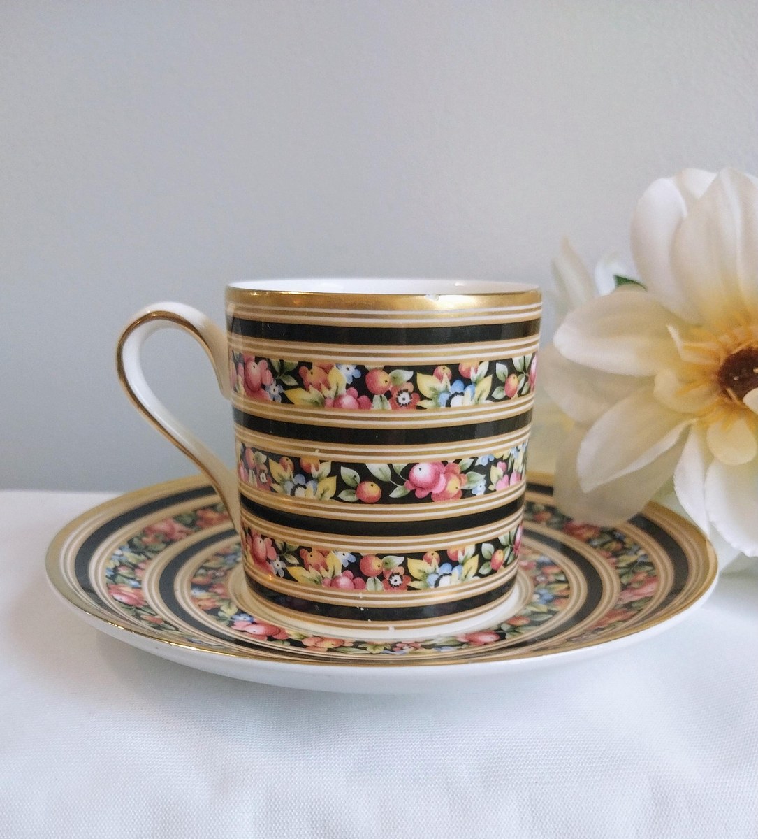 Vintage Wedgwood Clio Demitasse Cup & Saucer: Floral Porcelain, Gold Rim, view 2