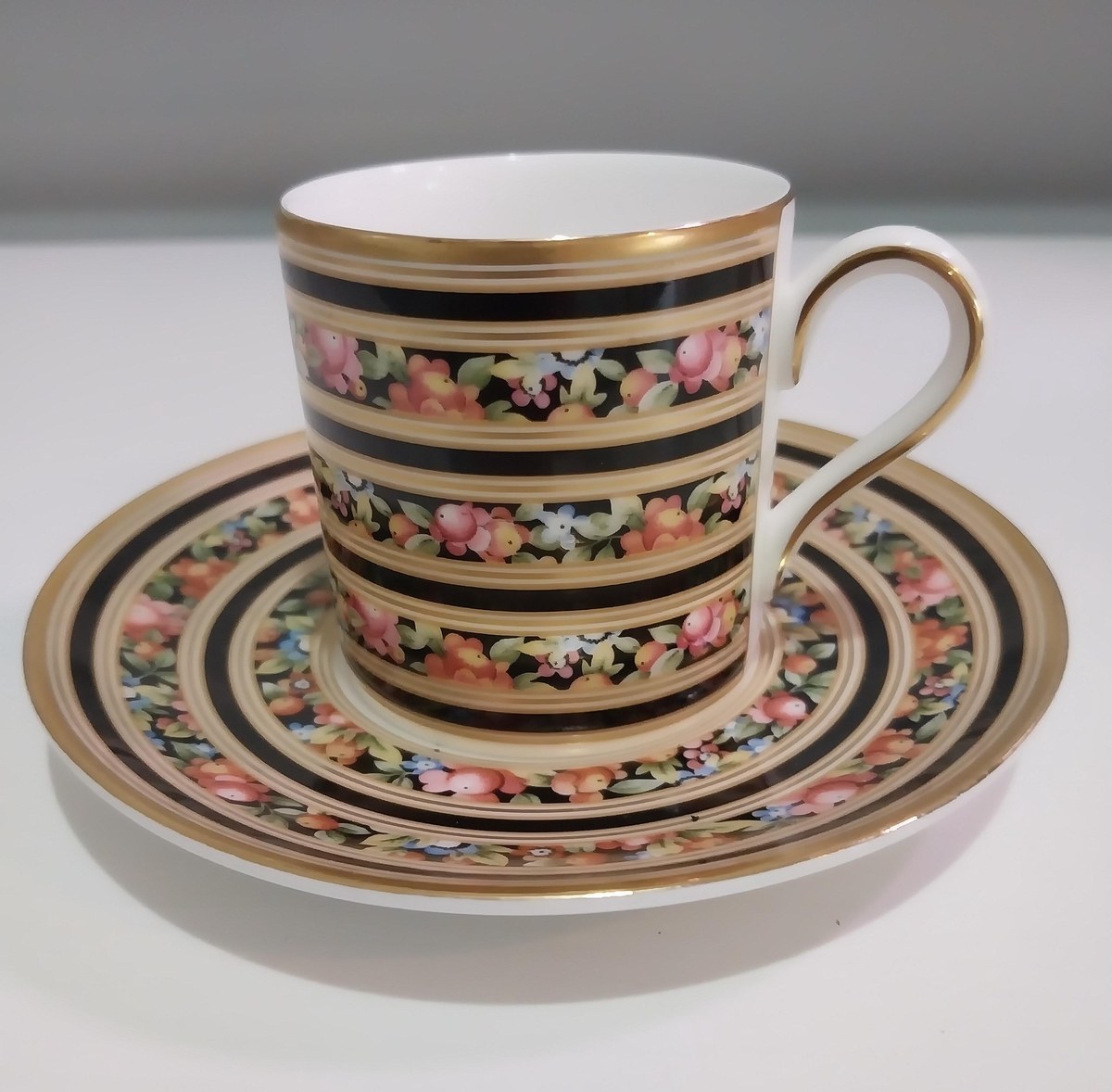 Vintage Wedgwood Clio Demitasse Cup & Saucer: Floral Porcelain, Gold Rim, view 3