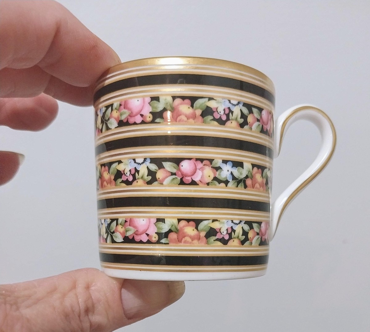 Vintage Wedgwood Clio Demitasse Cup & Saucer: Floral Porcelain, Gold Rim, view 4