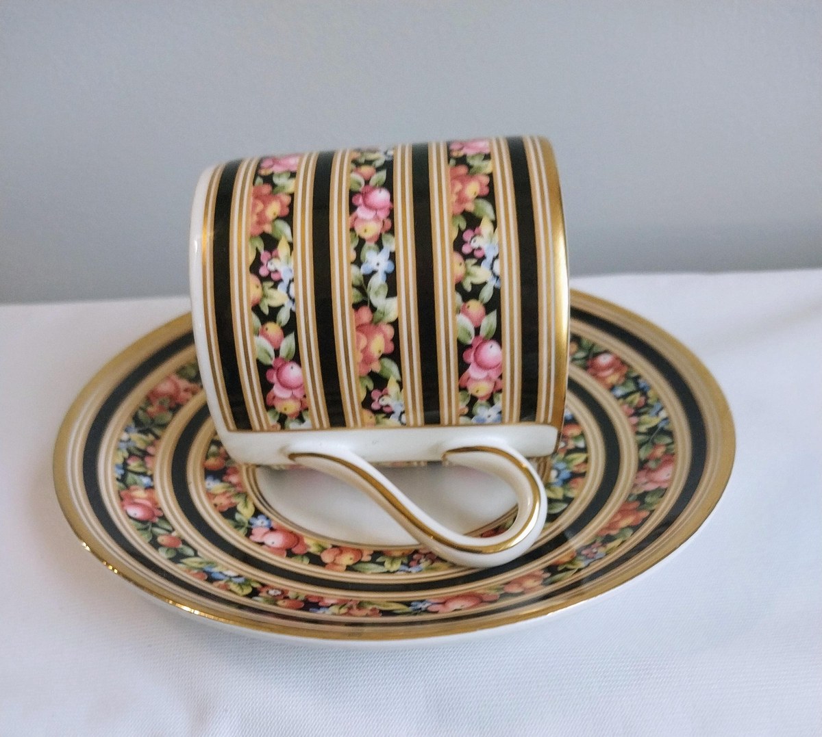 Vintage Wedgwood Clio Demitasse Cup & Saucer: Floral Porcelain, Gold Rim, view 6