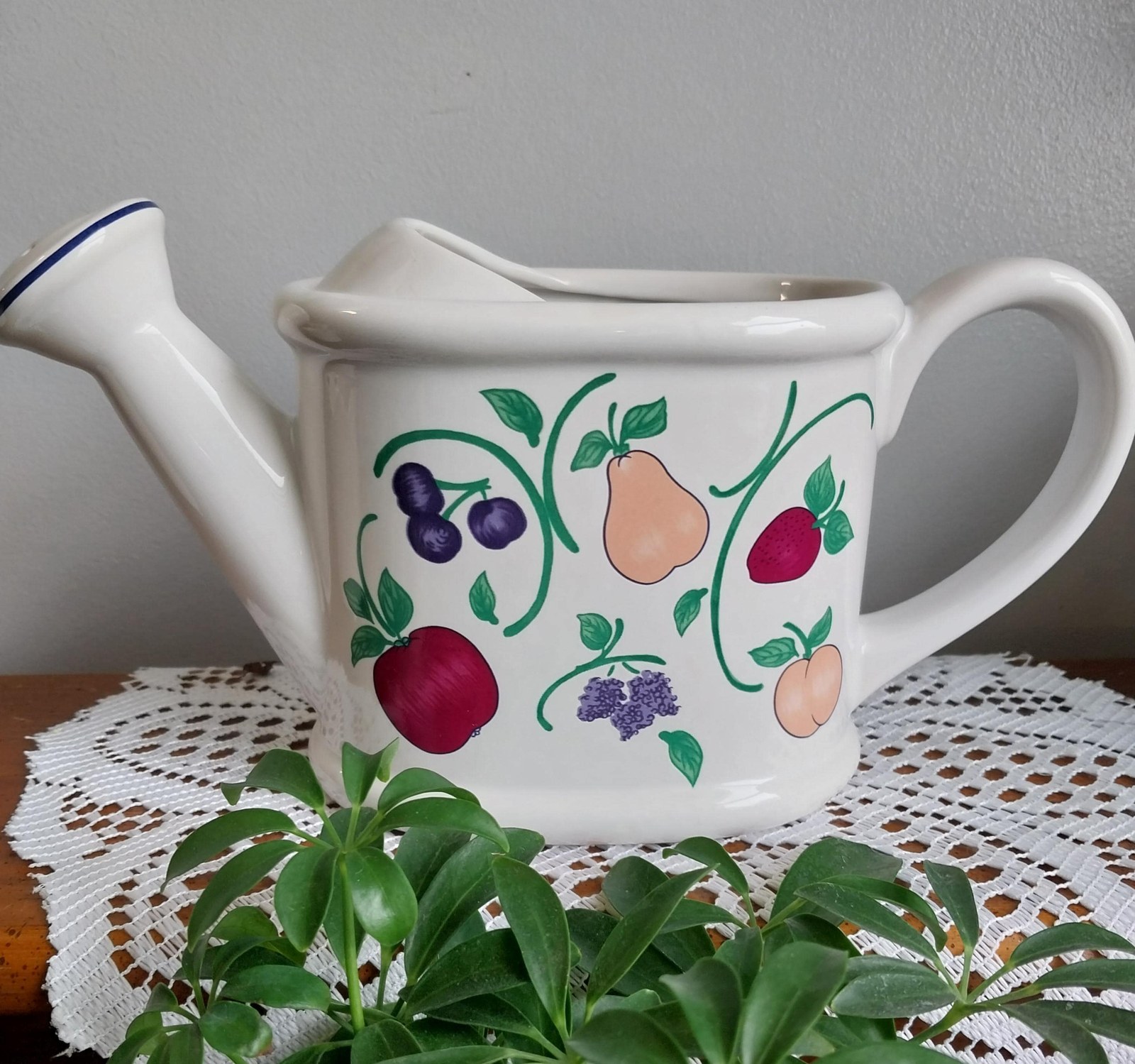 Princess House Watering Can Vase: 1980s Orchard Medley Ceramic Pitcher