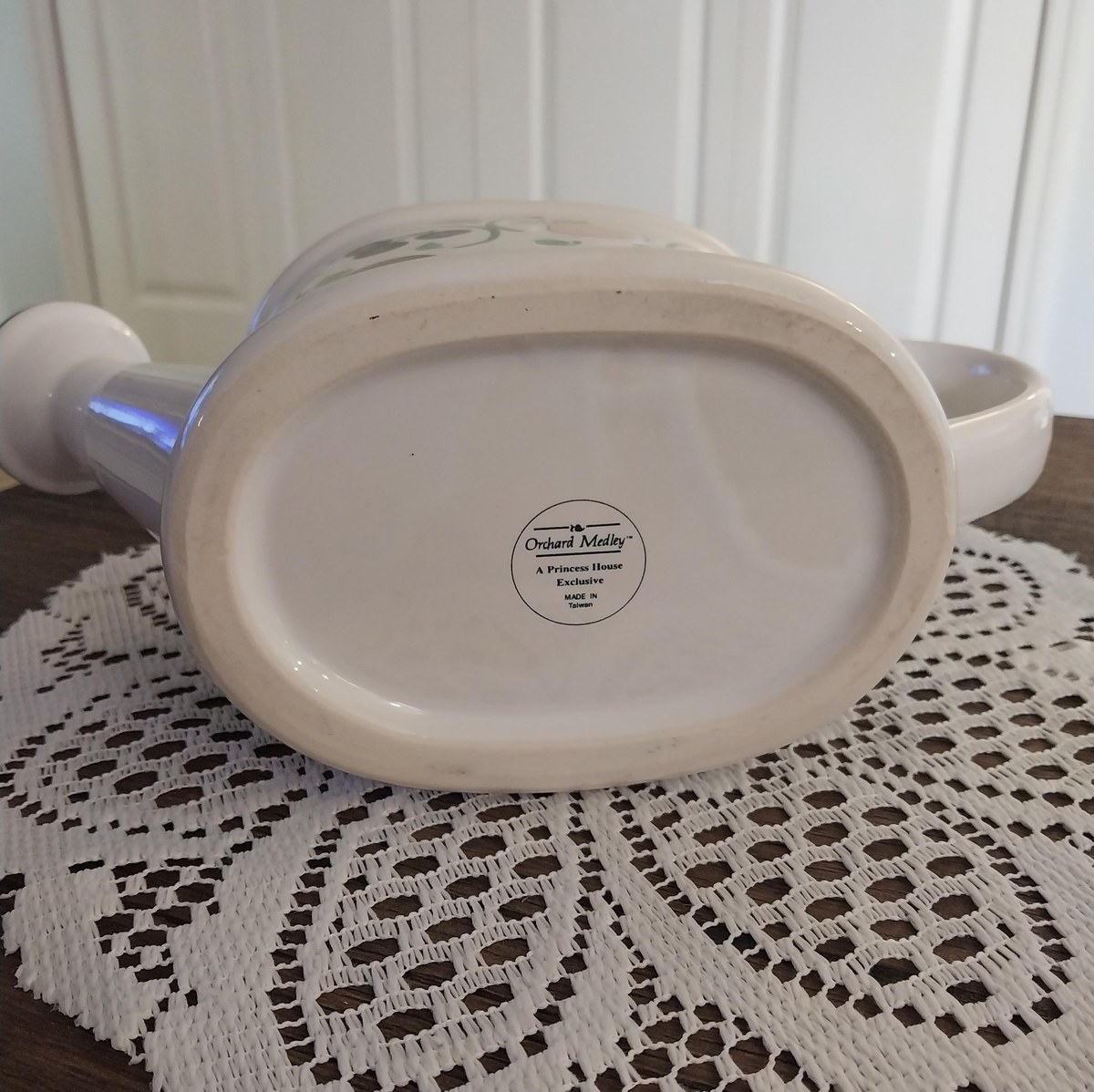 Princess House Watering Can Vase: 1980s Orchard Medley Ceramic Pitcher, view 10