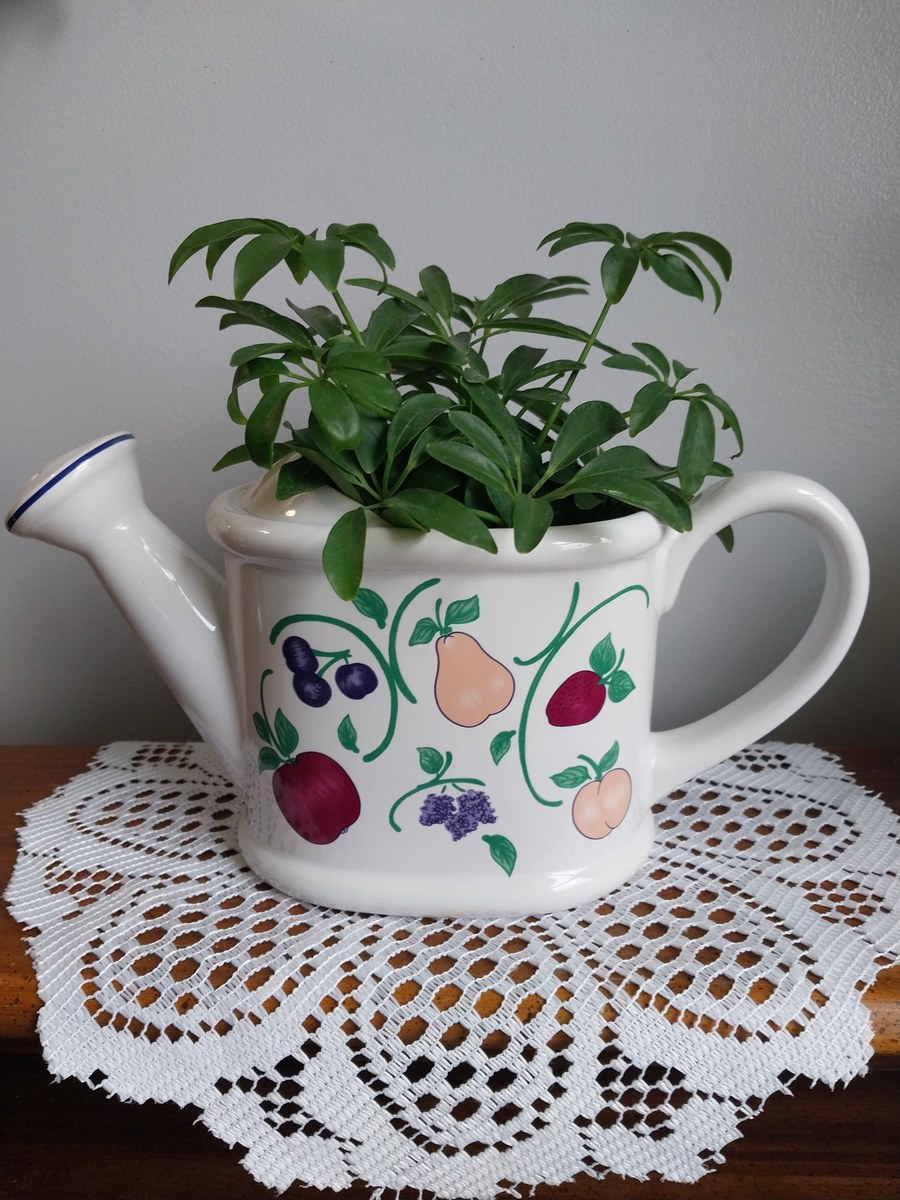 Princess House Watering Can Vase: 1980s Orchard Medley Ceramic Pitcher, view 2