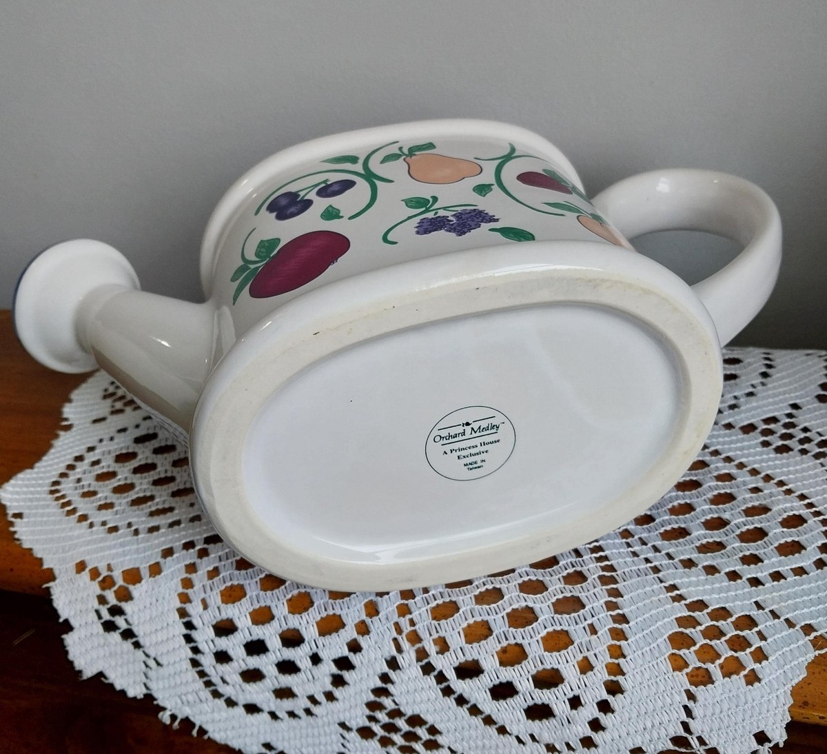 Princess House Watering Can Vase: 1980s Orchard Medley Ceramic Pitcher, view 4