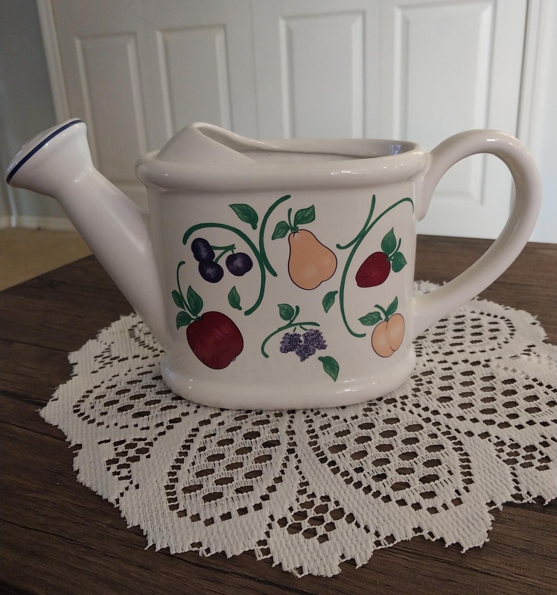 Princess House Watering Can Vase: 1980s Orchard Medley Ceramic Pitcher, view 6