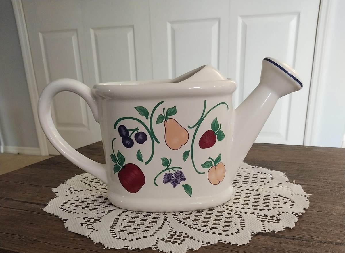 Princess House Watering Can Vase: 1980s Orchard Medley Ceramic Pitcher, view 7