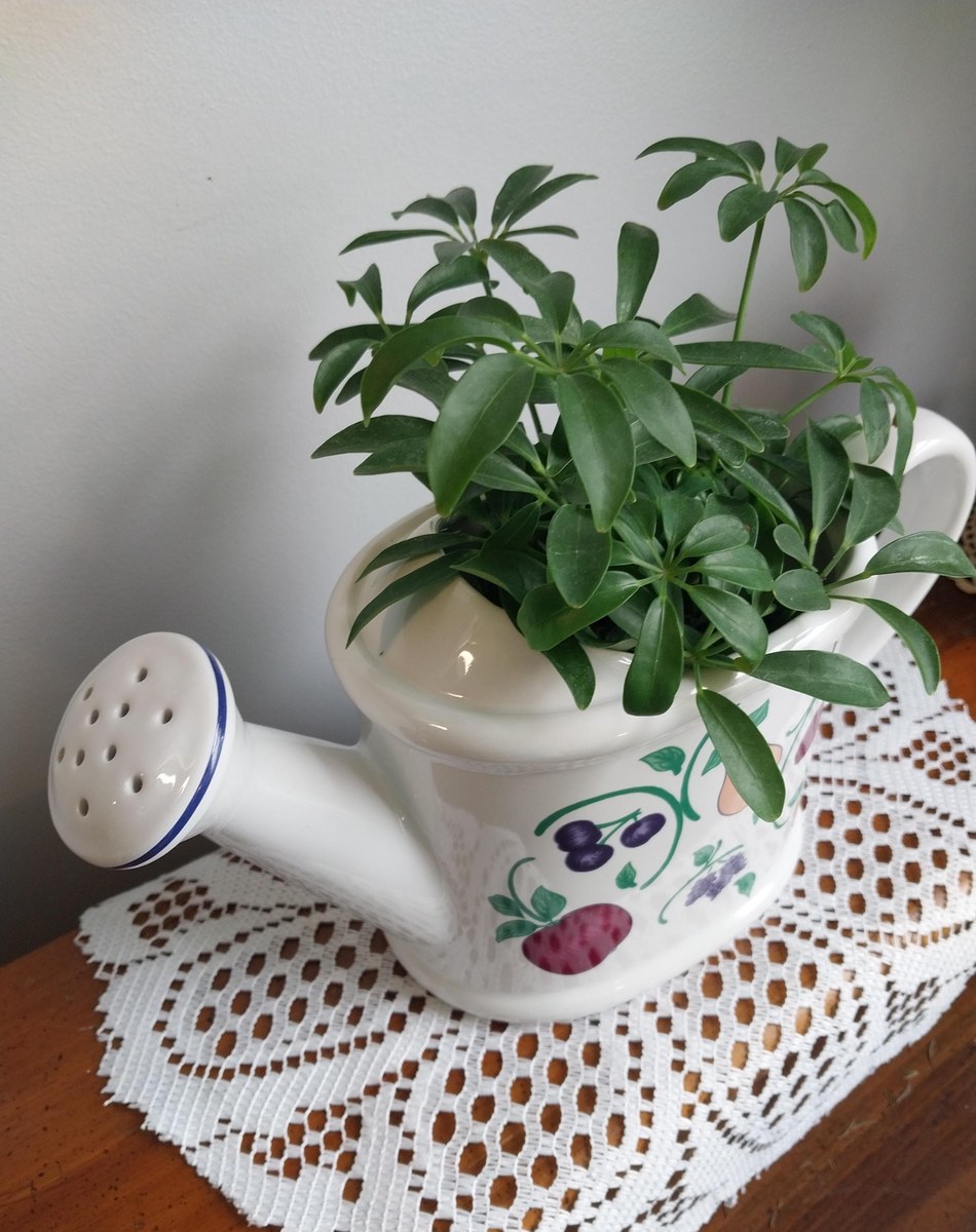 Princess House Watering Can Vase: 1980s Orchard Medley Ceramic Pitcher, view 9