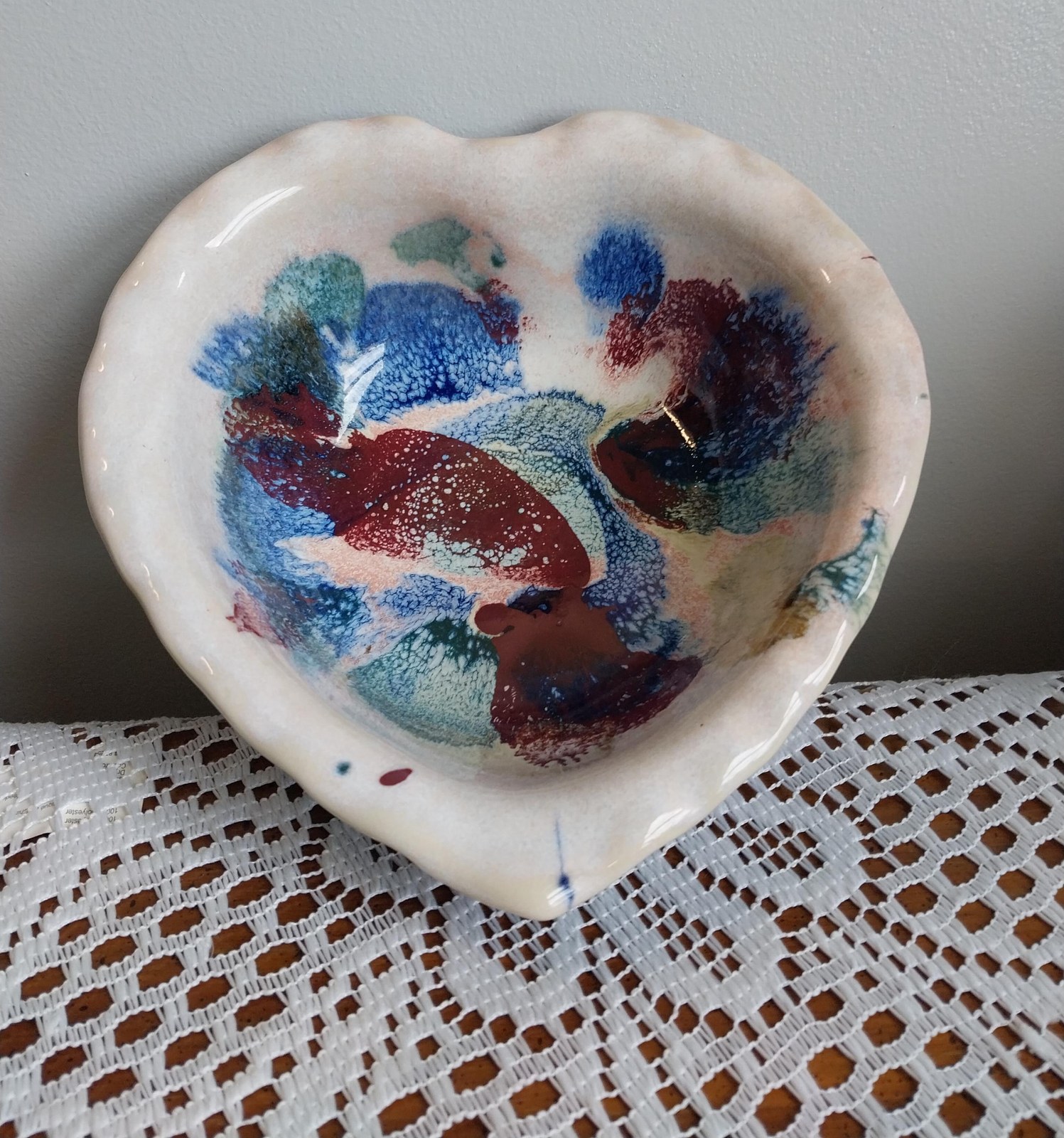 Vintage DK Clay Studio Heart Bowl: 80s Drip Glaze Ceramic Pottery