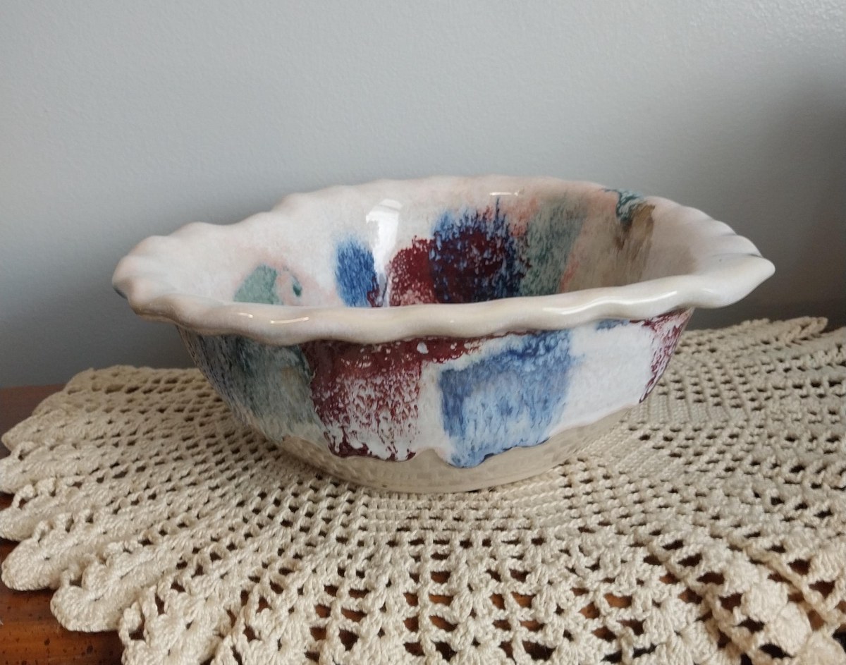 Vintage DK Clay Studio Heart Bowl: 80s Drip Glaze Ceramic Pottery, view 2