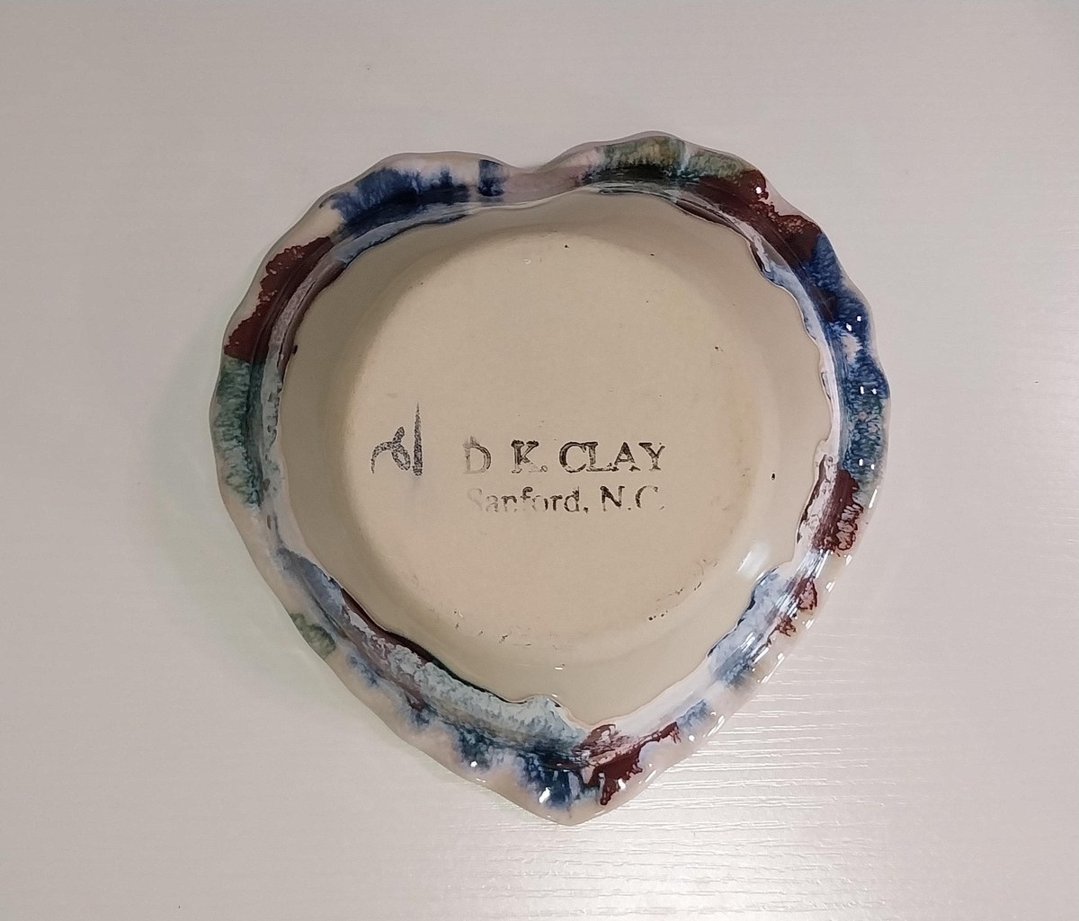Vintage DK Clay Studio Heart Bowl: 80s Drip Glaze Ceramic Pottery, view 3