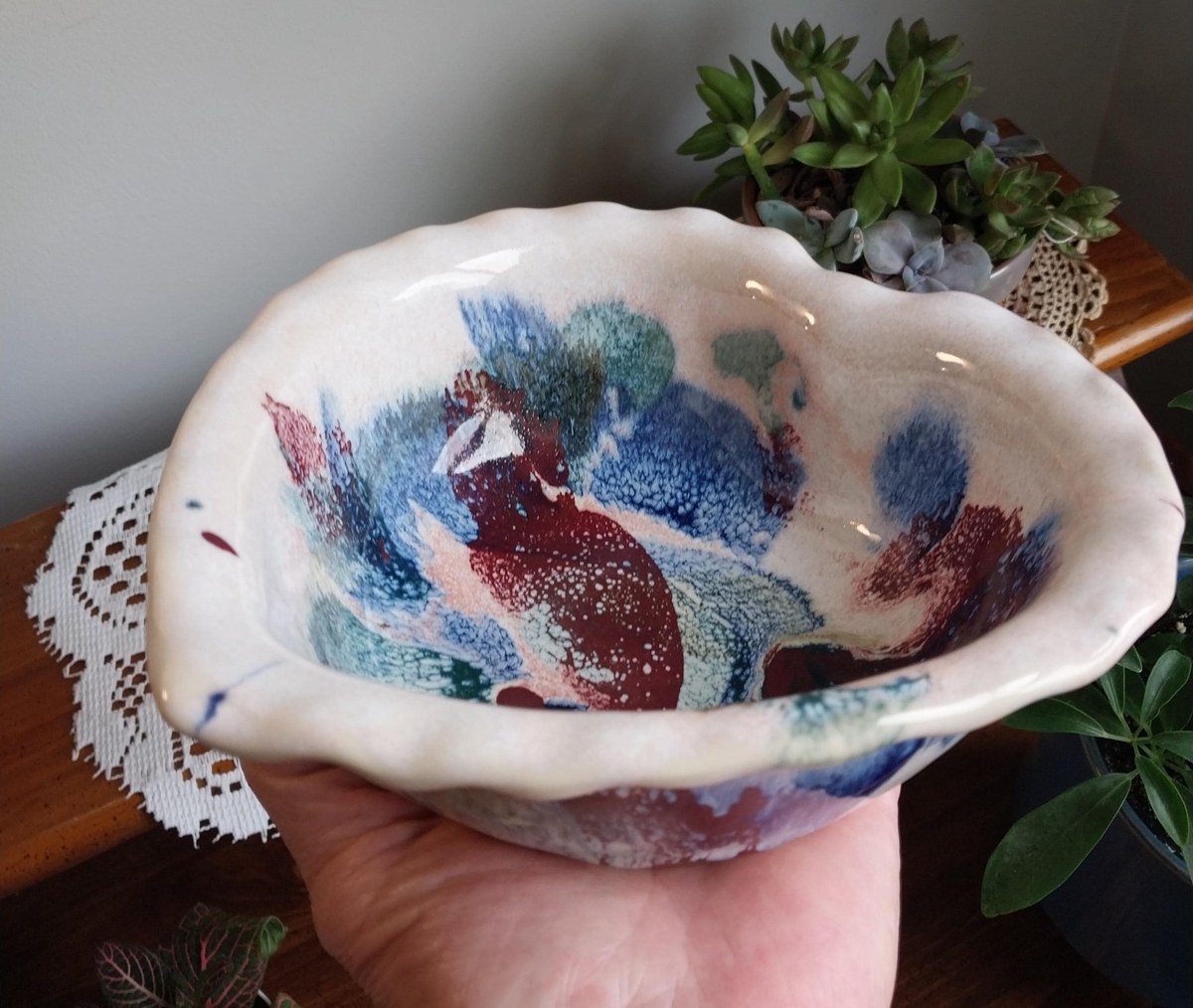 Vintage DK Clay Studio Heart Bowl: 80s Drip Glaze Ceramic Pottery, view 5