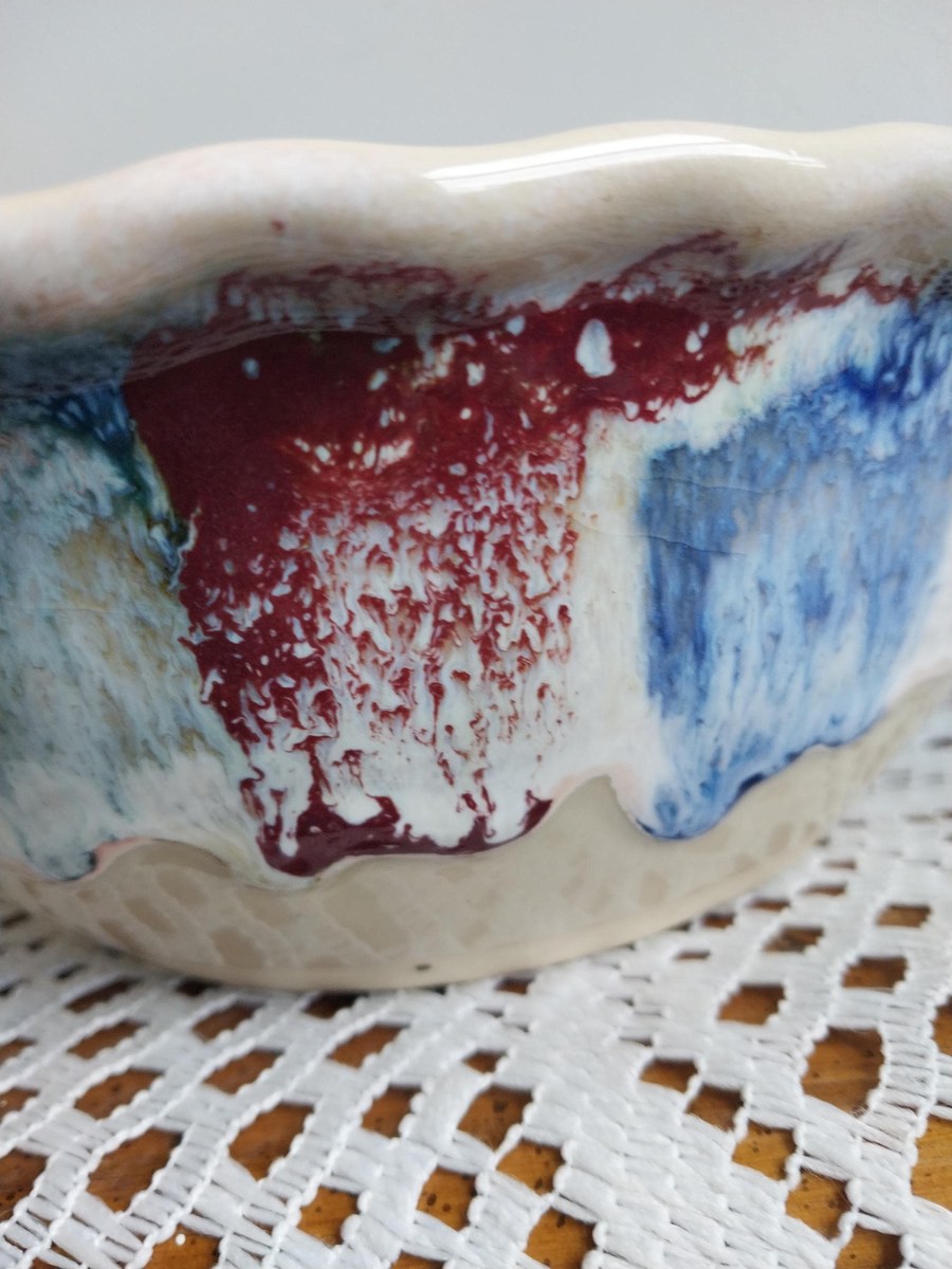Vintage DK Clay Studio Heart Bowl: 80s Drip Glaze Ceramic Pottery, view 7