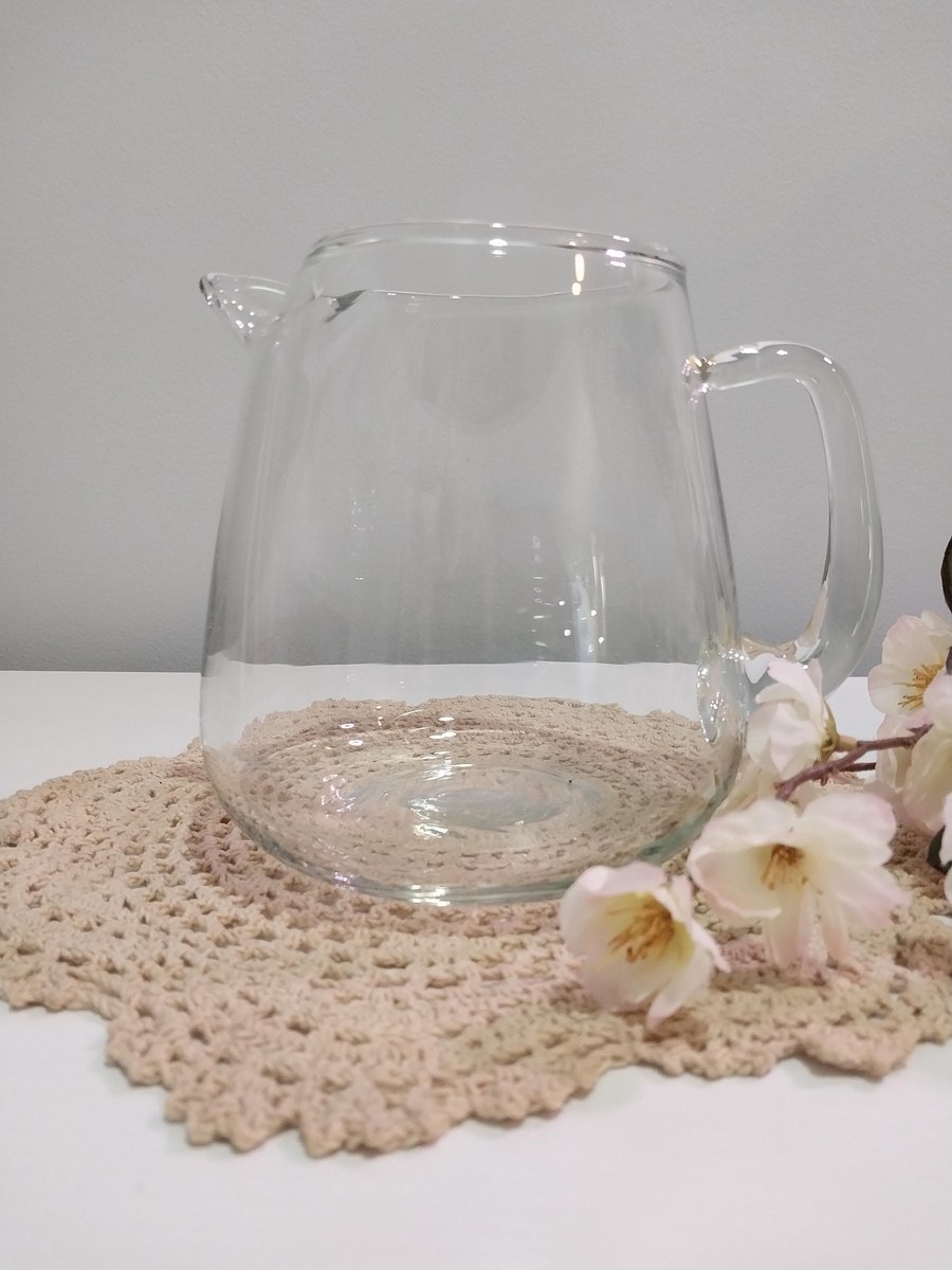 Hand Blown Glass Pitcher: Minimalist Borosilicate Jug with Ice Lip, view 9
