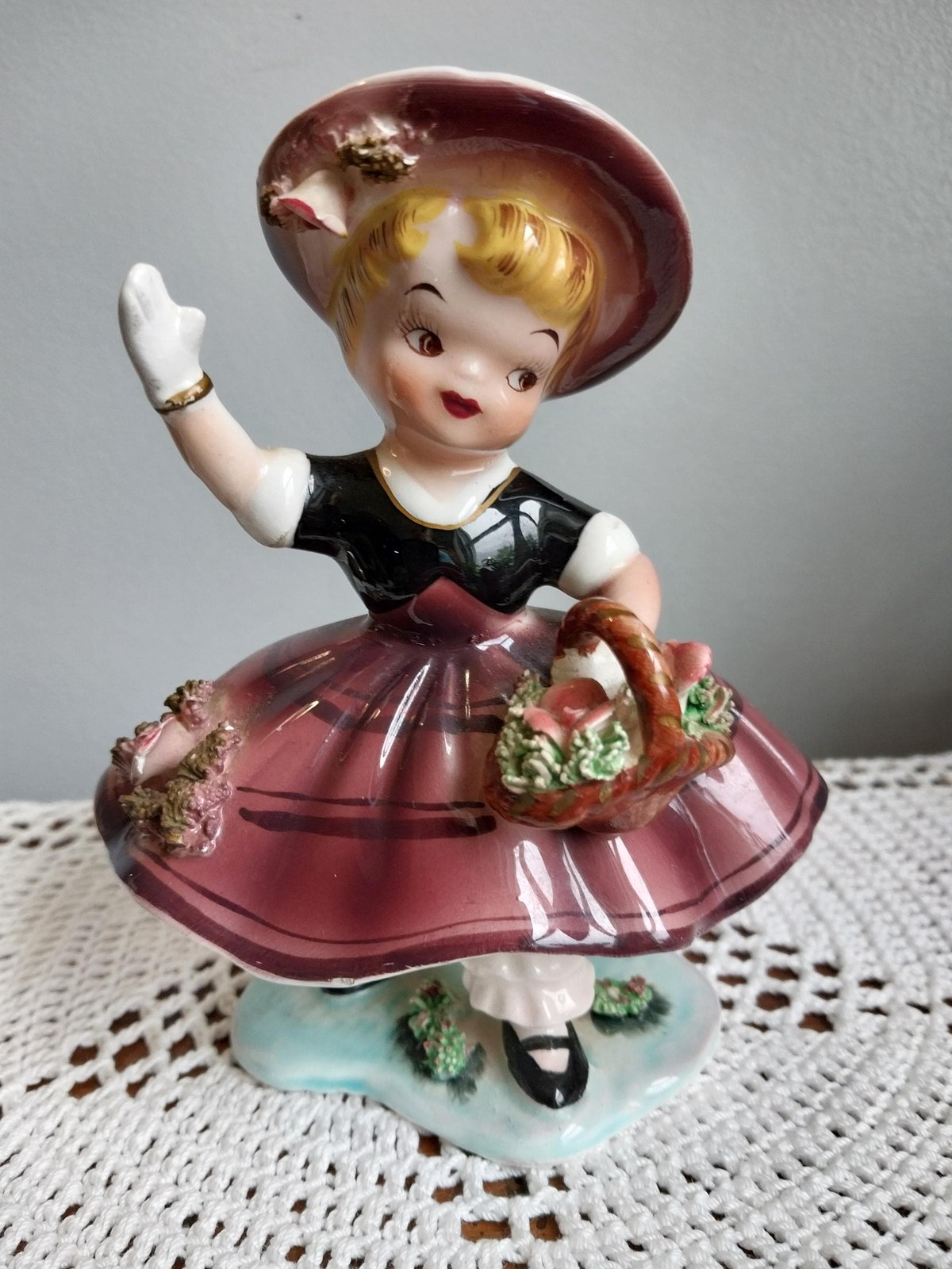Vintage Napco Bloomer Girl Figurine, Hand Painted Japan Ceramic, 1950s Kitsch Shelf Decor, Mid Century Collectible Girl Statue, Cottagecore