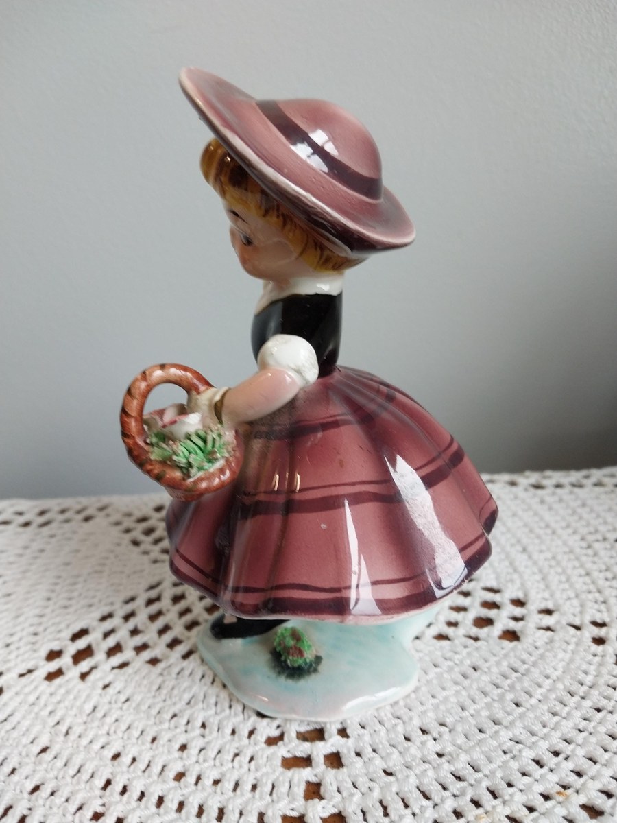 Vintage Napco Bloomer Girl Figurine, Hand Painted Japan Ceramic, 1950s Kitsch Shelf Decor, Mid Century Collectible Girl Statue, Cottagecore, view 2
