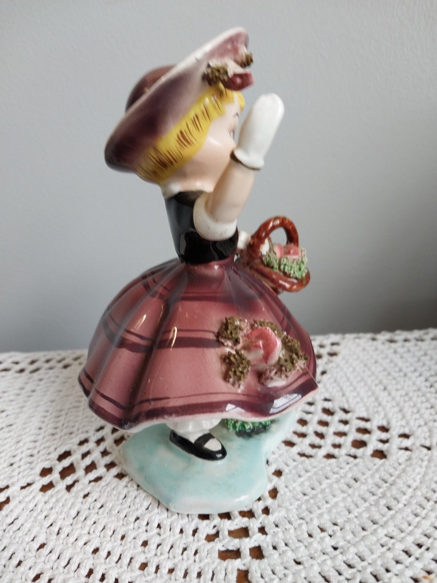 Vintage Napco Bloomer Girl Figurine, Hand Painted Japan Ceramic, 1950s Kitsch Shelf Decor, Mid Century Collectible Girl Statue, Cottagecore, view 4