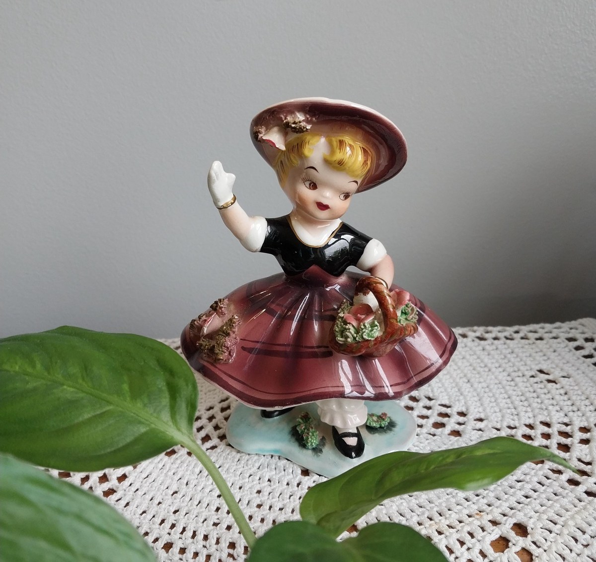 Vintage Napco Bloomer Girl Figurine, Hand Painted Japan Ceramic, 1950s Kitsch Shelf Decor, Mid Century Collectible Girl Statue, Cottagecore, view 6