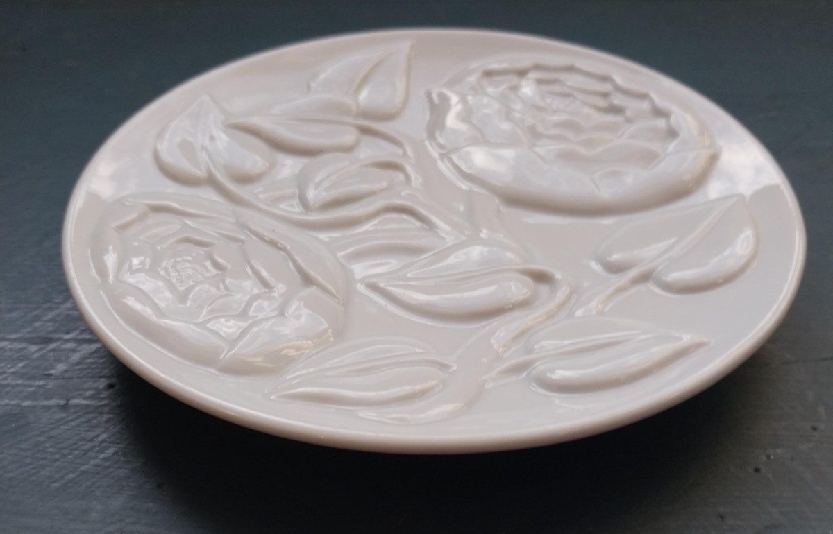 Vintage Germaine Monteil Floral Soap Dish: Embossed Peonies, 1970s Japan, view 4
