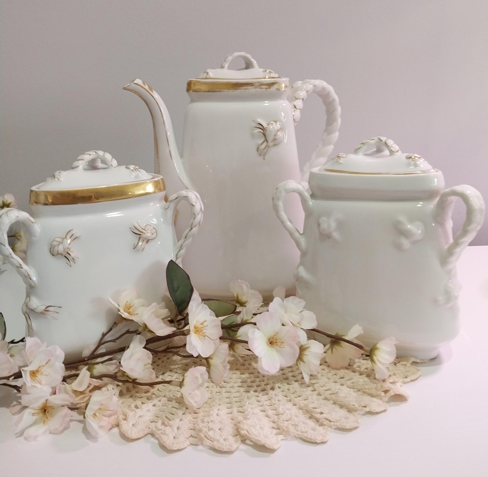 Antique Haviland Limoges Coffee Set: French Victorian Porcelain, Gold Rope Detail