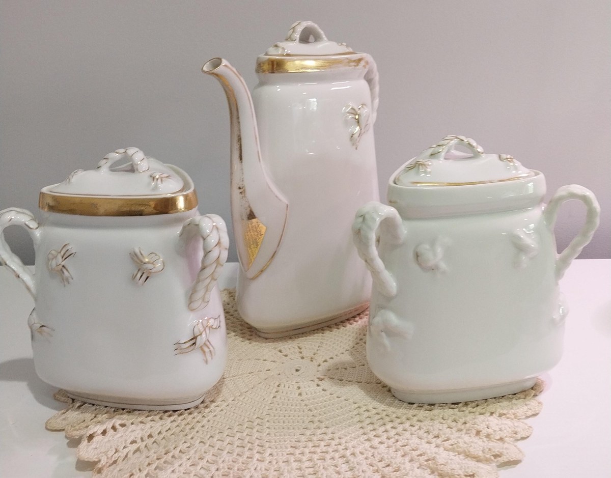 Antique Haviland Limoges Coffee Set: French Victorian Porcelain, Gold Rope Detail, view 2