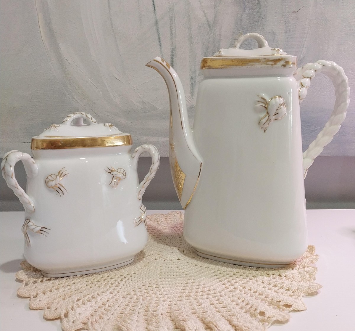 Antique Haviland Limoges Coffee Set: French Victorian Porcelain, Gold Rope Detail, view 3