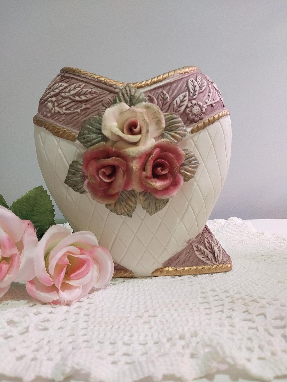 1960s Heart Ceramic Vase: Red Roses, Cottagecore French Country Decor