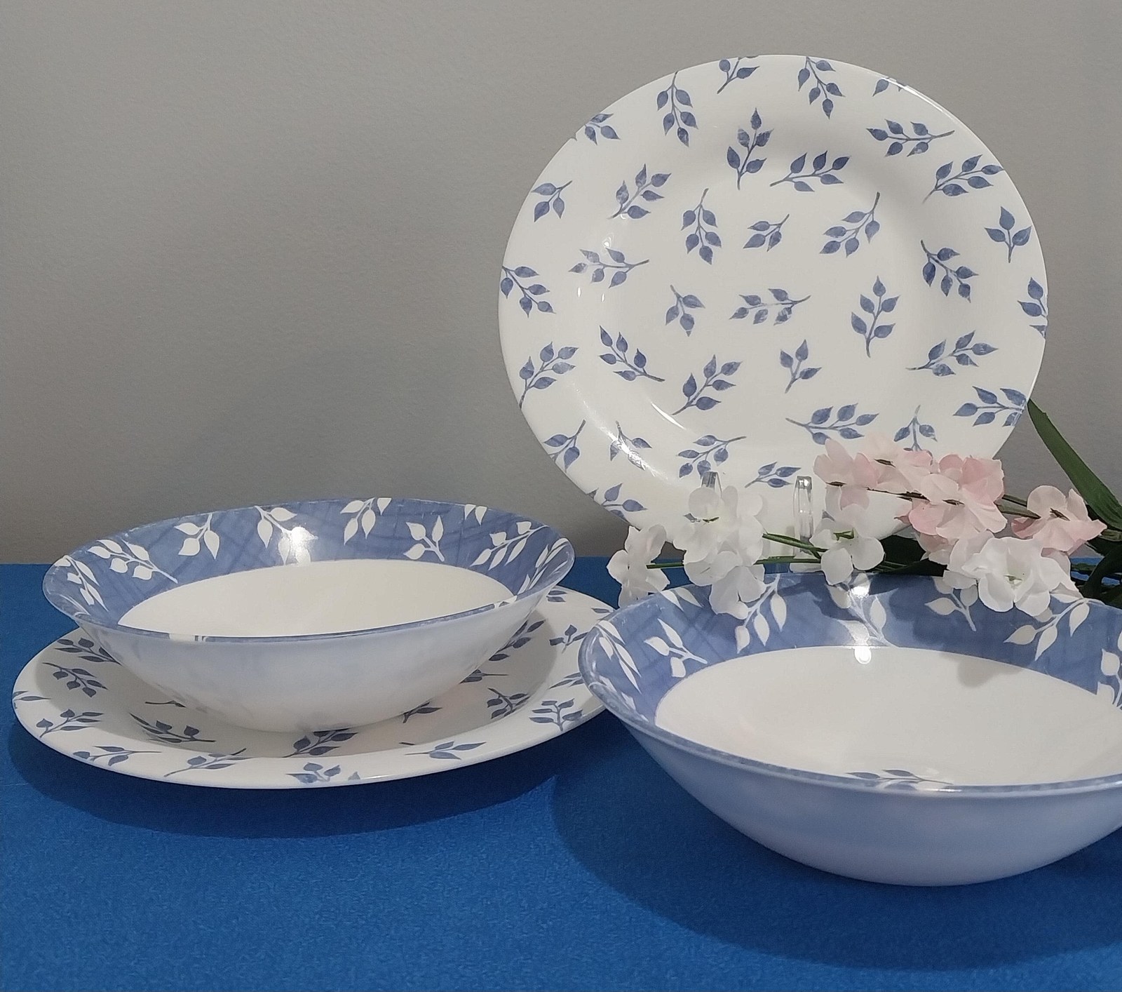 Vintage Arcopal Blue Leaf Dinnerware Set: French Opal Glass, Mid-Century Modern