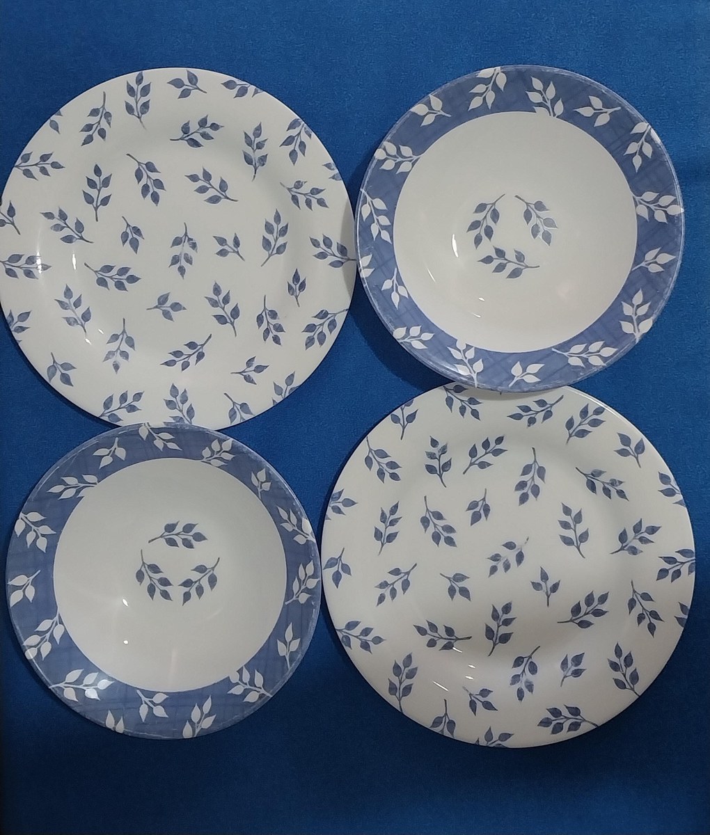 Vintage Arcopal Blue Leaf Dinnerware Set: French Opal Glass, Mid-Century Modern, view 2